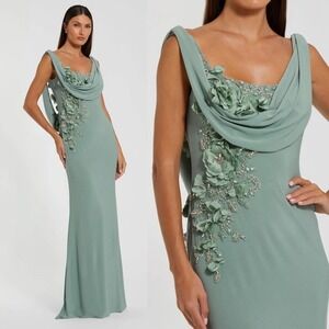NWT Mac Duggal Green Sleeveless Jersey Cowl Neck Gown With Beading $598 - Size 6